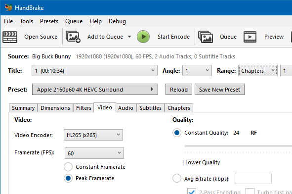 Windows HandBrake Video pane exposing encoder choice and quality slider