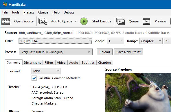 Windows HandBrake Summary pane listing container format and audio tracks
